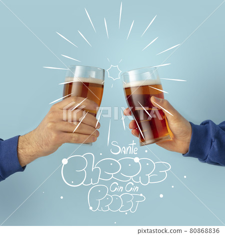 Contemporary art collage with two male hands holding beer glasses with craft light, cold beer. Concept of festival, national traditions, taste, drinks and holidays 80868836