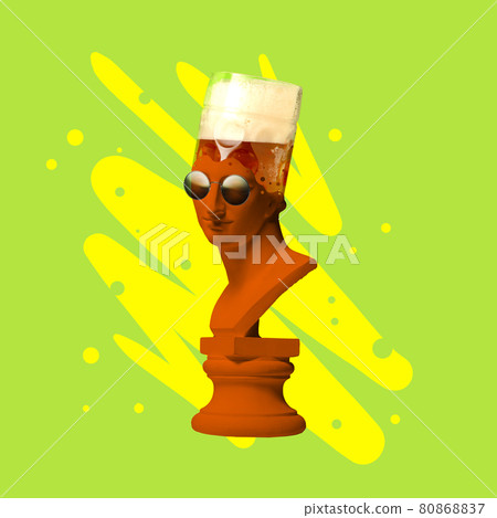 Contemporary art collage with bust of antic statue headed of beer glass with lager cold foamy beer. Concept of festival, national traditions, taste, drinks and holidays, octoberfest 80868837