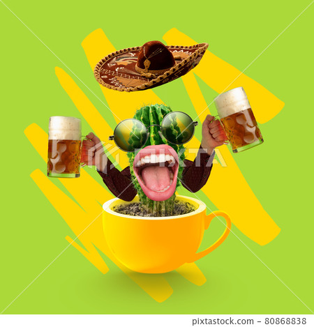 Contemporary art collage with hands holding beer glasses with light, lager cold foamy beer. Concept of festival, national traditions, taste, drinks and holidays, octoberfest 80868838