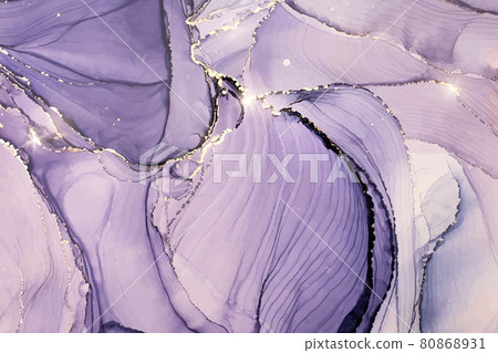 Abstract luxury lavender liquid watercolor background with golden stains. Pastel violet marble alcohol ink drawing effect. Vector illustration design template for wedding invitation 80868931