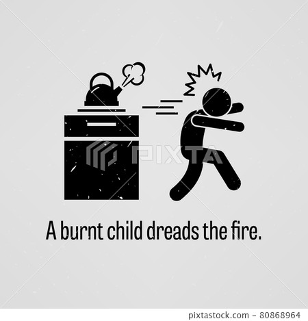 A Burnt Child Dreads the Fire. A motivational and inspirational poster representing the proverb sayings, A Burnt Child Dreads the Fire with simple human pictogram. A Burnt Child Dreads the Fire. A motivational and inspirational poster representing the proverb sayings, A Burnt Child Dreads the Fire with simple human pictogram. 80868964