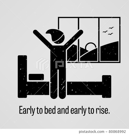 Early to Bed and Early to Rise. A motivational and inspirational poster representing the proverb sayings, Early to Bed and Early to Rise with simple human pictogram. 80868992