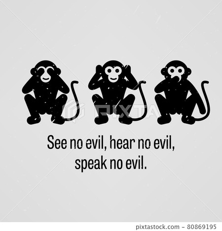 See no Evil, Hear no Evil, Speak no Evil. A motivational and inspirational poster representing the proverb sayings, 12345 with simple human pictogram. 80869195