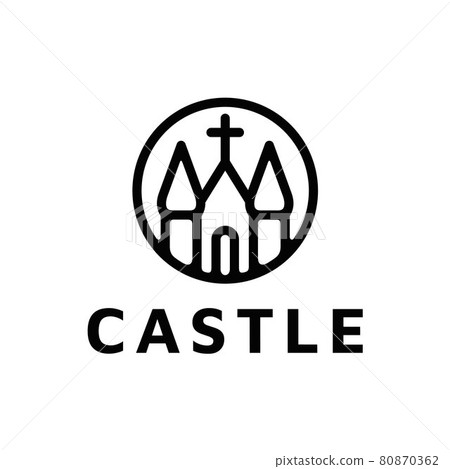 Minimalist Castle / Church Building with Catholic Christian Cross symbol Line art logo design Minimalist Castle / Church Building with Catholic Christian Cross symbol Line art logo design 80870362