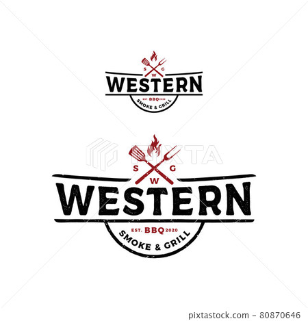 Vintage Grill Barbeque barbecue bbq with crossed fork and fire flame Label Stamp Logo design vector Vintage Grill Barbeque barbecue bbq with crossed fork and fire flame Label Stamp Logo design vector 80870646