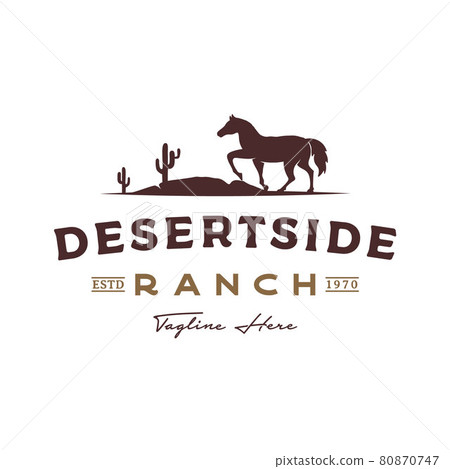 Horse silhouette in desert with cactus for vintage rustic retro rodeo countryside western country farm ranch logo design Horse silhouette in desert with cactus for vintage rustic retro rodeo countryside western country farm ranch logo design 80870747
