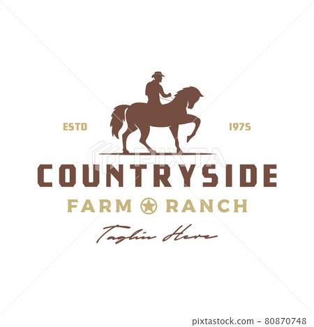 Vintage Retro Cowboy Riding Horse Silhouette logo design illustration 80870748