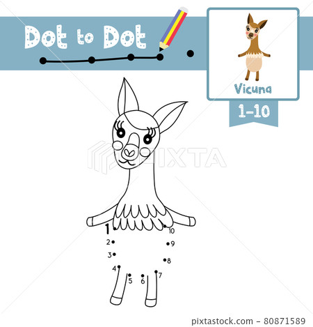 Dot to dot educational game and Coloring book Vicuna standing on two legs animal cartoon character vector illustration