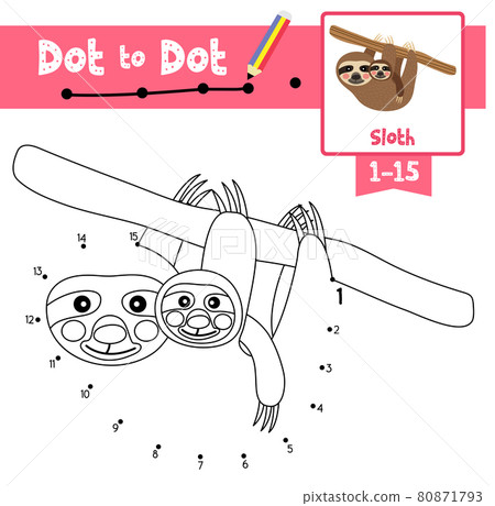 Dot to dot educational game and Coloring book Mother and child Sloth hanging on tree animal cartoon character vector illustration Dot to dot educational game and Coloring book Mother and child Sloth hanging on tree animal cartoon character vector illustration 80871793