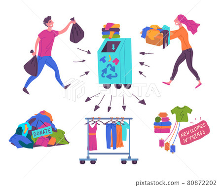 Cartoon Color Characters People and Clothes for Recycle Concept Flat Design Style . Vector illustration of Donate and Recycling Clothing Cartoon Color Characters People and Clothes for Recycle Concept Flat Design Style . Vector illustration of Donate and Recycling Clothing 80872202