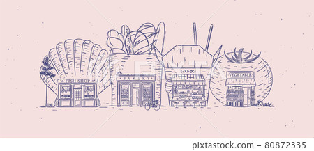 Storefronts fish shop, bakery, asian food, bakery 80872335