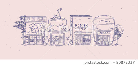 Storefronts pharmacy, confectionery, book shop, bar Storefronts pharmacy, confectionery, book shop, bar 80872337