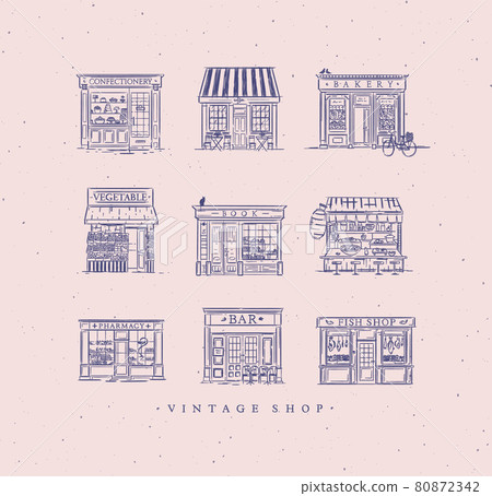 Set vintage cafe and shops blue 80872342