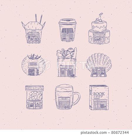 Set vintage storefront of cafe and shops blue Set vintage storefront of cafe and shops blue 80872344