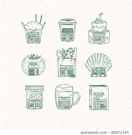 Set vintage storefront of cafe and shops green 80872345