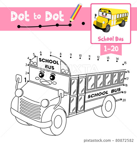 Dot to dot educational game and Coloring book School Bus cartoon character perspective view vector illustration Dot to dot educational game and Coloring book School Bus cartoon character perspective view vector illustration 80872582