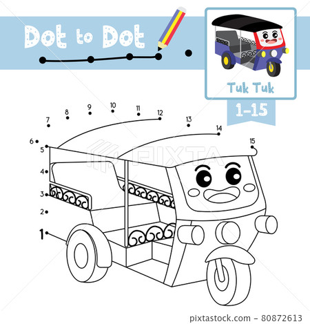 Dot to dot educational game and Coloring book Tuk Tuk cartoon character perspective view vector illustration 80872613