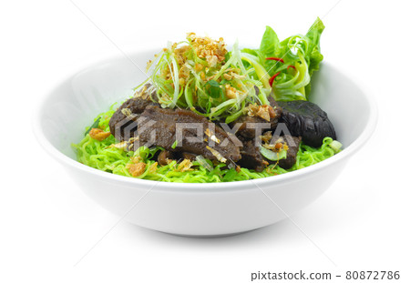 Jade Noodles with Braised Beef ontop spring onion and crispy garlic Chinese Food 80872786