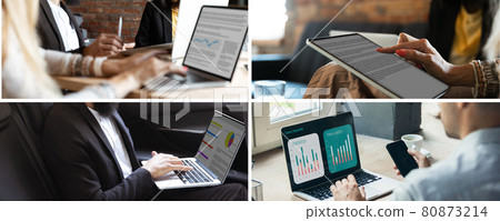 Collage of images of male and female businessmen viewing charts and statistics on device screens. Close-up 80873214