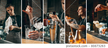 Collage of images of male bartender preparing cocktail in cafe or restaurant Collage of images of male bartender preparing cocktail in cafe or restaurant 80873263
