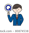 Image illustration (outline) of a young businessman holding a question mark 80874538