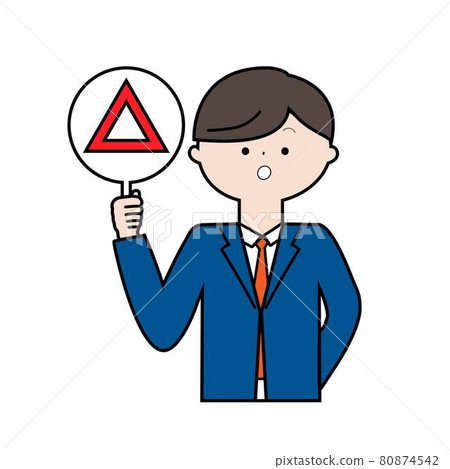Image illustration of a young businessman holding a triangle mark (outline) Image illustration of a young businessman holding a triangle mark (outline) 80874542