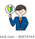 Image illustration (outline) of a young businessman holding a beginner's mark 80874544