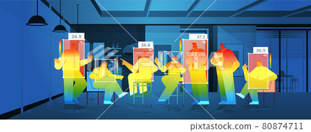 detecting elevated body temperature of businesspeople in office checking by non-contact thermal ai camera stop coronavirus 80874711