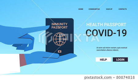 doctor in gloves holding global immunity passport risk free covid-19 re-infection coronavirus immunity concept 80874818