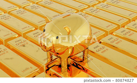 Gold piggy bank on fine gold bars weight of 1000 grams. Financial concept. 3D rendering illustration. Gold piggy bank on fine gold bars weight of 1000 grams. Financial concept. 3D rendering illustration. 80874827