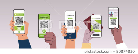 hands holding smartphones with digital vaccinate certificates and global immunity passports hands holding smartphones with digital vaccinate certificates and global immunity passports 80874830