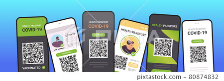 digital immunity passports with qr code on smartphone screens risk free covid-19 pandemic vaccinate certificate 80874832