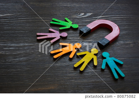 Magnet and figures of people. Customer acquisition and retention. 80875082