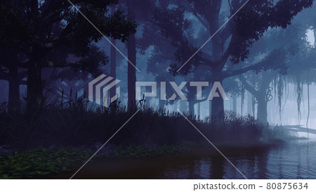Magic forest with old trees and river at night 3D 80875634