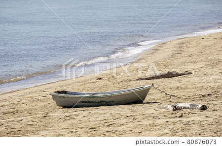 Small boat on the beach. Small boats on the beach Because the sea water decreases Sandy beach at Sairee Beach, Chumphon Province 80876073