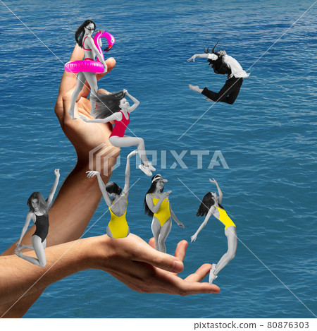 Beach party. Group of young girls jumping to sea on abstract color summer background. Copyspace to text. Modern design. Art pop collage 80876303