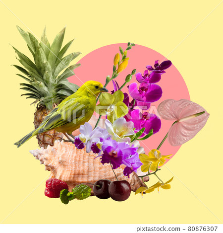 Summer and colorful traveler symbols. Copyspace to text. Modern design. Contemporary pop artwork, collage. Summer and colorful traveler symbols. Copyspace to text. Modern design. Contemporary pop artwork, collage. 80876307