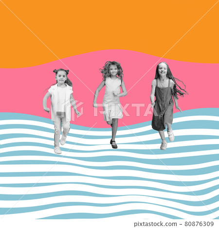 Art collage made of portraits of little and happy kids isolated on abstract summer background. 80876309
