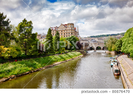 Bath cityscape with Parade Gardens park at the River Avon Somerset South West England UK 80876470