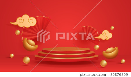 3D illustration of Chinese New Year red and golden theme podium scene with paper graphic style of oriental festive elements on background for product display. Wide copy space for design. 3D illustration of Chinese New Year red and golden theme podium scene with paper graphic style of oriental festive elements on background for product display. Wide copy space for design. 80876809