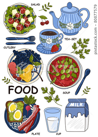 Colored Doodle Food Set, salad, tea set, cutlery, soup, plate, cup. Drawings for poster card or background 80877579