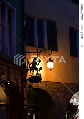 Annecy, France, streetlight illuminating the old town at night, taken on July 29, 2021 80877665