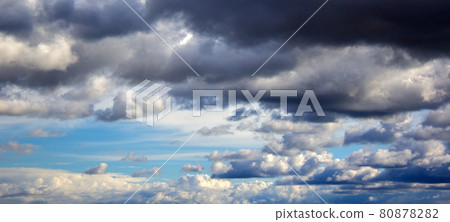 Sky with clouds and sun. Beautiful background, copy space. 80878282