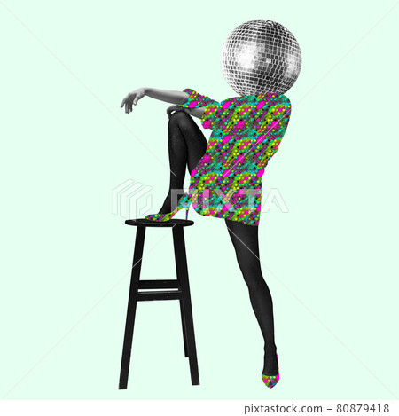 Art collage. Young caucasian woman headed with disco ball in colored patterned jacket posing at barstool. 80879418
