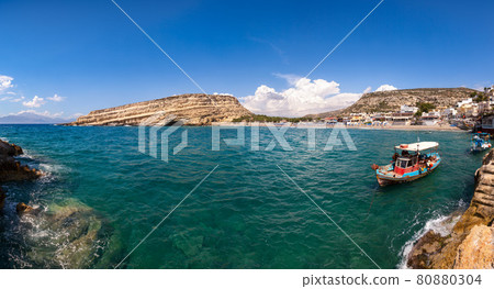 Matala beach and lagoon panorama Crete  Greece 80880304