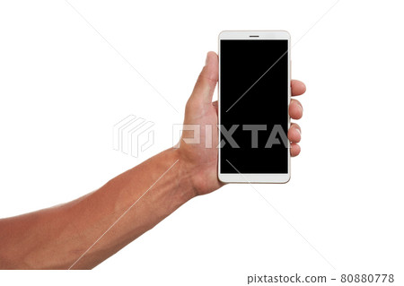 Hand holds the white screen, the mobile phone is isolated on a white background with the clipping path. 80880778