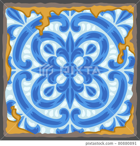 Portuguese azulejo vintage ceramic tile pattern. Old grunge background with chipped enamel tile. Italian pottery or spanish majolica. 80880891