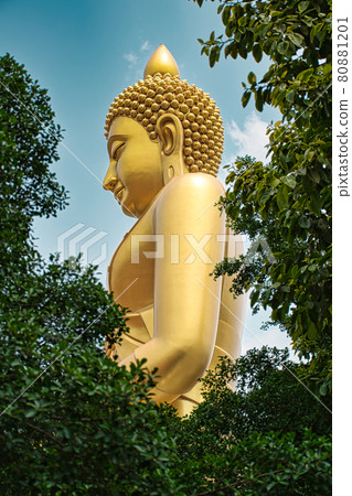 Giant golden buddha statue of Dhammakaya Thep Mongkol Buddha in construction site located at Wat Paknam Bhasicharoen temple Giant golden buddha statue of Dhammakaya Thep Mongkol Buddha in construction site located at Wat Paknam Bhasicharoen temple 80881201