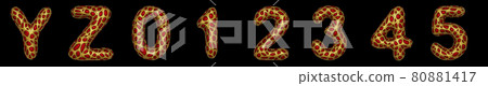Letter set Y, Z, 0, 1, 2, 3, 4, 5 made of realistic 3d render golden shining metallic. 80881417