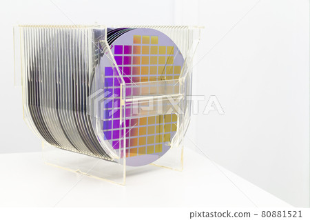 Silicon Wafers in plastic storage box in clear room of semiconductor foundry. 80881521